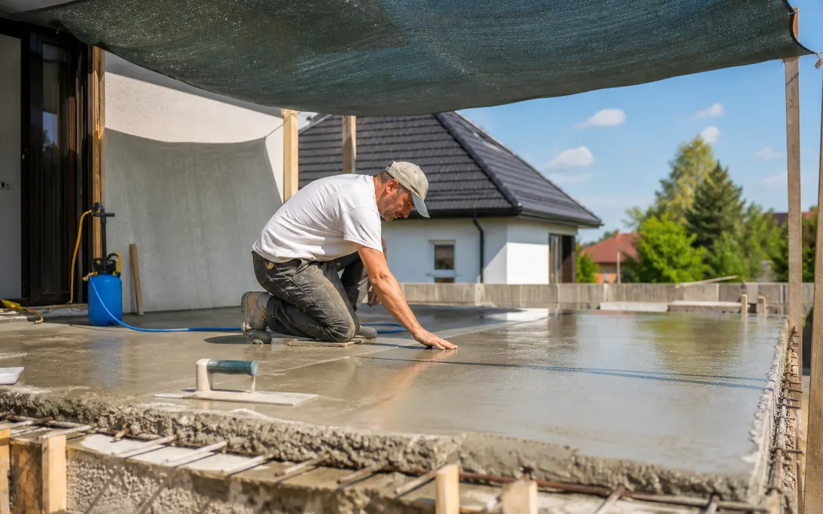 Szakember friss betonfelületet ellenőriz nyári melegben, árnyékolás és nedves utókezelés mellett